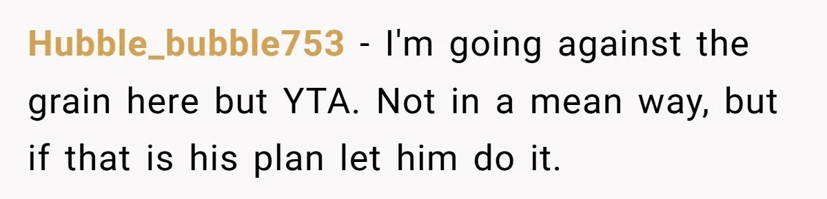 Hubble_bubble753 − I'm going against the grain here but YTA. Not in a mean way, but if that is his plan let him do it.