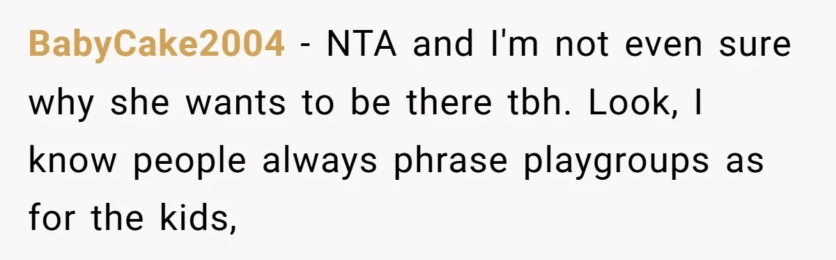 BabyCake2004 − NTA and I'm not even sure why she wants to be there tbh. Look, I know people always phrase playgroups as for the kids,