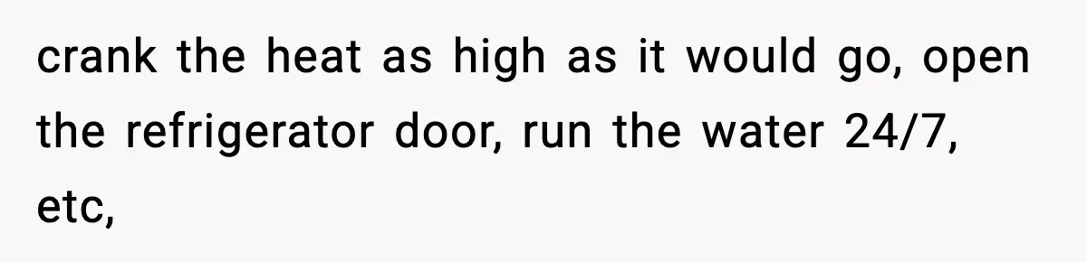crank the heat as high as it would go, open the refrigerator door, run the water 24/7, etc,
