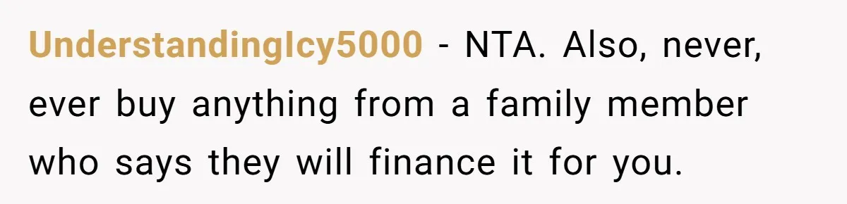 UnderstandingIcy5000 − NTA. Also, never, ever buy anything from a family member who says they will finance it for you.