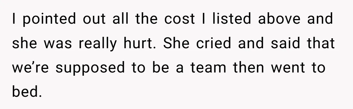 I pointed out all the cost I listed above and she was really hurt. She cried and said that we’re supposed to be a team then went to bed.