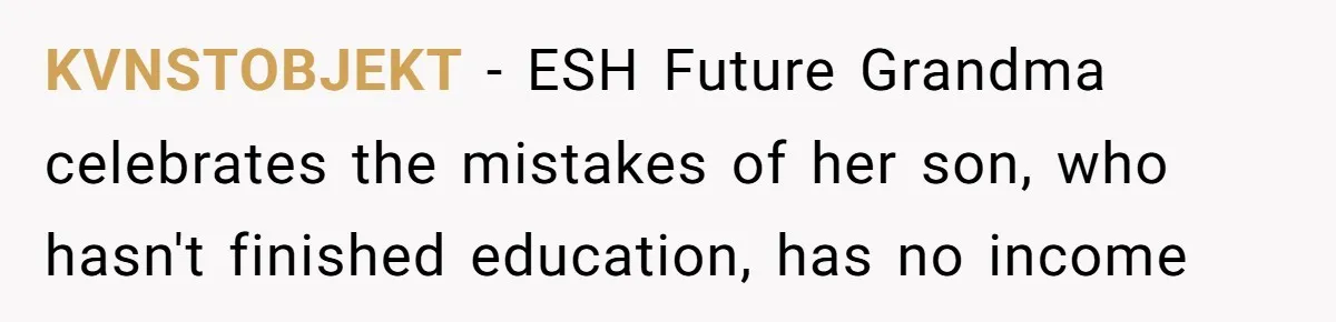 KVNSTOBJEKT − ESH Future Grandma celebrates the mistakes of her son, who hasn't finished education, has no income