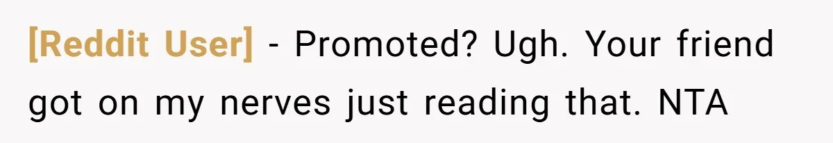 [Reddit User] − Promoted? Ugh. Your friend got on my nerves just reading that. NTA