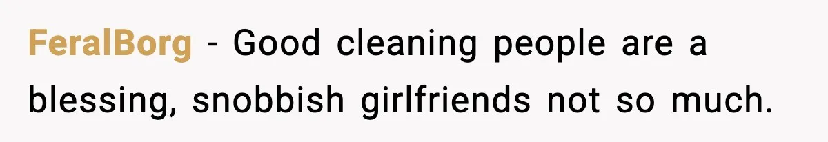 FeralBorg − Good cleaning people are a blessing, snobbish girlfriends not so much.