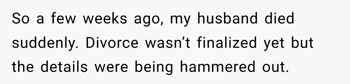 So a few weeks ago, my husband died suddenly. Divorce wasn’t finalized yet but the details were being hammered out.