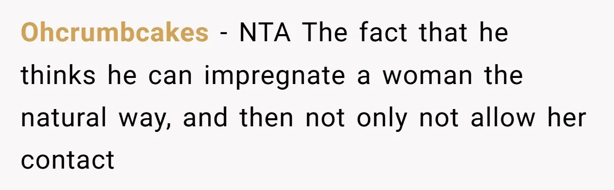 Woman Calls Out 36-Year-Old Friend For His Creepy ‘Natural Insemination’ Surrogacy Plan Ohcrumbcakes - NTA The fact that he thinks he can impregnate a woman the natural way, and then not only not allow her contact