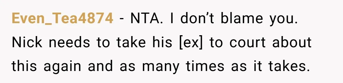 Even_Tea4874 - NTA. I don’t blame you. Nick needs to take his [ex] to court about this again and as many times as it takes.