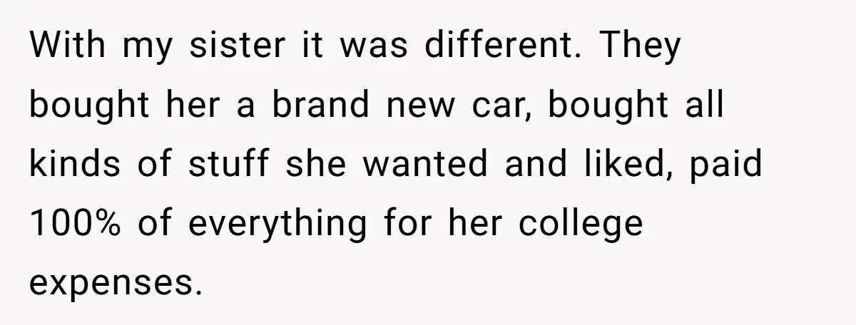 ‘You Need To Beg Just Right’: Parents Demand Help From The Son They Financially Neglected With my sister it was different. They bought her a brand new car, bought all kinds of stuff she wanted and liked, paid 100% of everything for her college expenses.