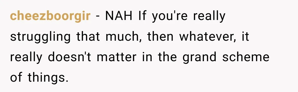 cheezboorgir - NAH If you're really struggling that much, then whatever, it really doesn't matter in the grand scheme of things.