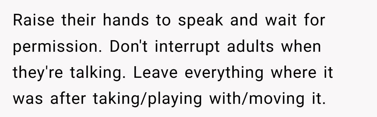 Raise their hands to speak and wait for permission. Don't interrupt adults when they're talking. Leave everything where it was after taking/playing with/moving it.
