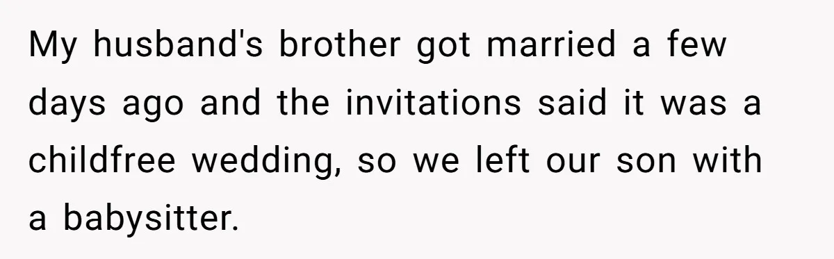 My husband's brother got married a few days ago and the invitations said it was a childfree wedding, so we left our son with a babysitter.