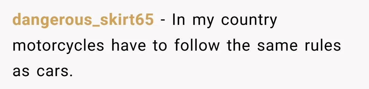 dangerous_skirt65 - In my country motorcycles have to follow the same rules as cars.