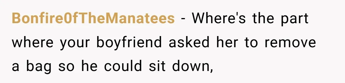 Bonfire0fTheManatees - Where's the part where your boyfriend asked her to remove a bag so he could sit down,