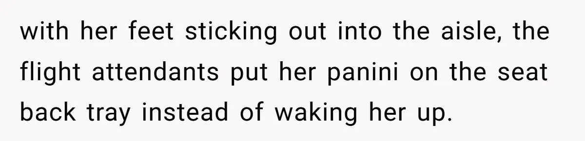 with her feet sticking out into the aisle, the flight attendants put her panini on the seat back tray instead of waking her up.