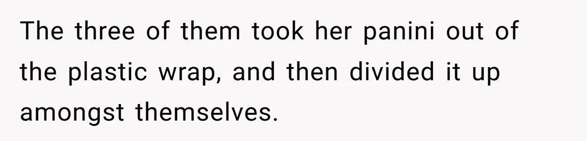 The three of them took her panini out of the plastic wrap, and then divided it up amongst themselves.