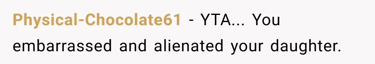 Physical-Chocolate61 - YTA... You embarrassed and alienated your daughter.