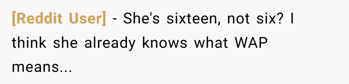 [Reddit User] - She's sixteen, not six? I think she already knows what WAP means...