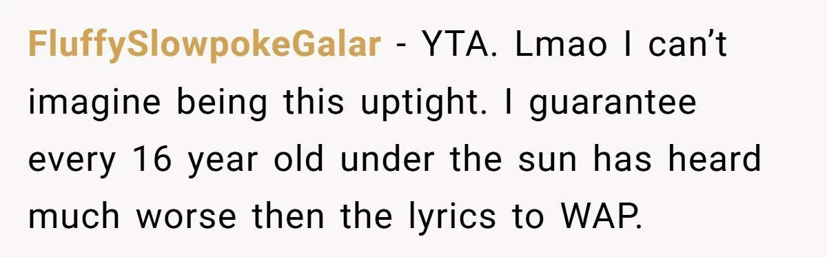 FluffySlowpokeGalar - YTA. Lmao I can’t imagine being this uptight. I guarantee every 16 year old under the sun has heard much worse then the lyrics to WAP.