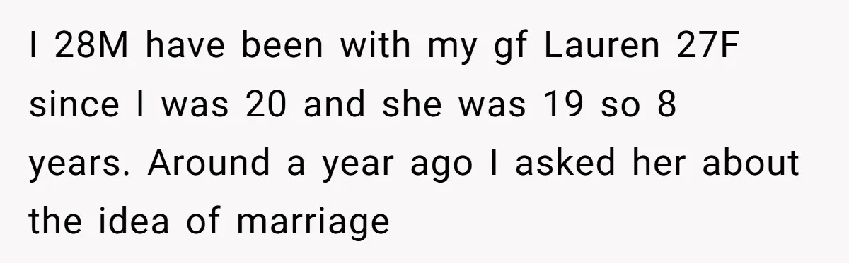 I 28M have been with my gf Lauren 27F since I was 20 and she was 19 so 8 years. Around a year ago I asked her about the idea...