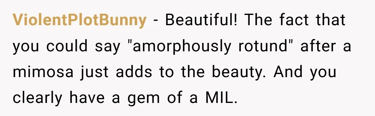 ViolentPlotBunny - Beautiful! The fact that you could say "amorphously rotund" after a mimosa just adds to the beauty. And you clearly have a gem of a MIL.