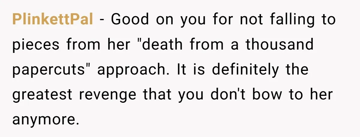 PlinkettPal - Good on you for not falling to pieces from her "death from a thousand papercuts" approach. It is definitely the greatest revenge that you don't bow to her...