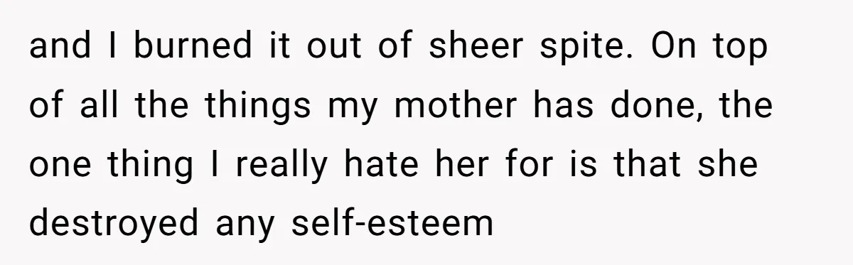 and I burned it out of sheer spite. On top of all the things my mother has done, the one thing I really hate her for is that she destroyed...