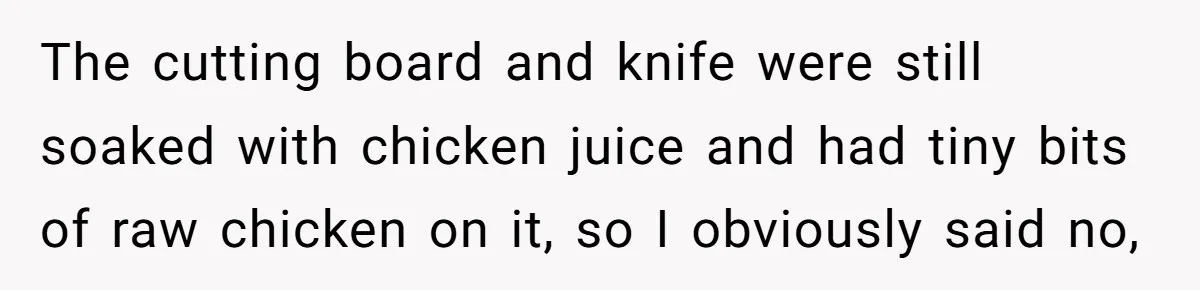 The cutting board and knife were still soaked with chicken juice and had tiny bits of raw chicken on it, so I obviously said no,