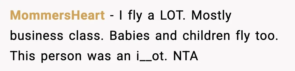 MommersHeart - I fly a LOT. Mostly business class. Babies and children fly too. This person was an i__ot. NTA