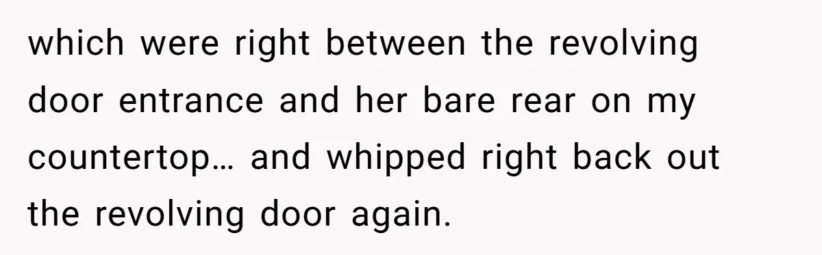 which were right between the revolving door entrance and her bare rear on my countertop… and whipped right back out the revolving door again.