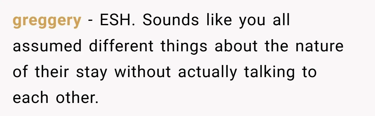 greggery - ESH. Sounds like you all assumed different things about the nature of their stay without actually talking to each other.