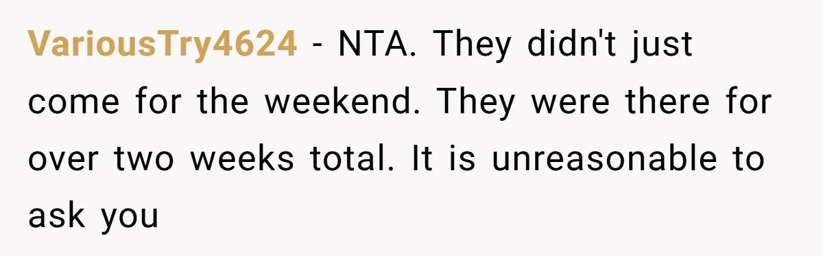 VariousTry4624 - NTA. They didn't just come for the weekend. They were there for over two weeks total. It is unreasonable to ask you
