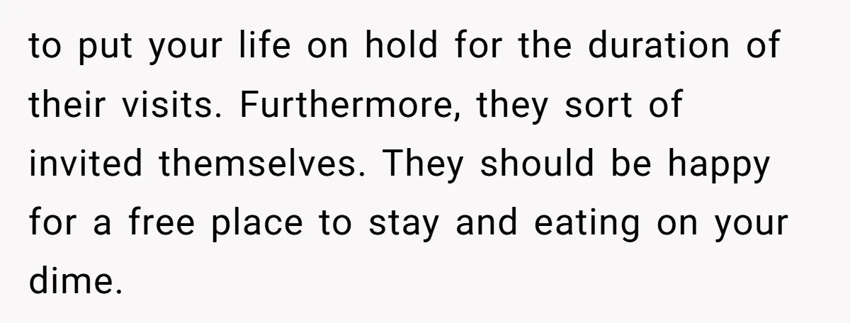 to put your life on hold for the duration of their visits. Furthermore, they sort of invited themselves. They should be happy for a free place to stay and eating...