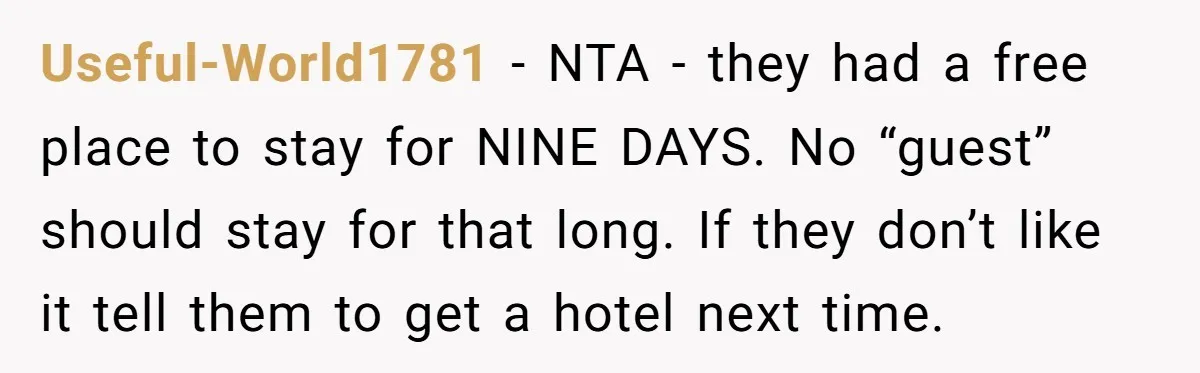 Useful-World1781 - NTA - they had a free place to stay for NINE DAYS. No “guest” should stay for that long. If they don’t like it tell them to get...