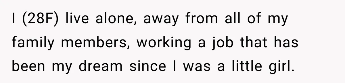 I (28F) live alone, away from all of my family members, working a job that has been my dream since I was a little girl.
