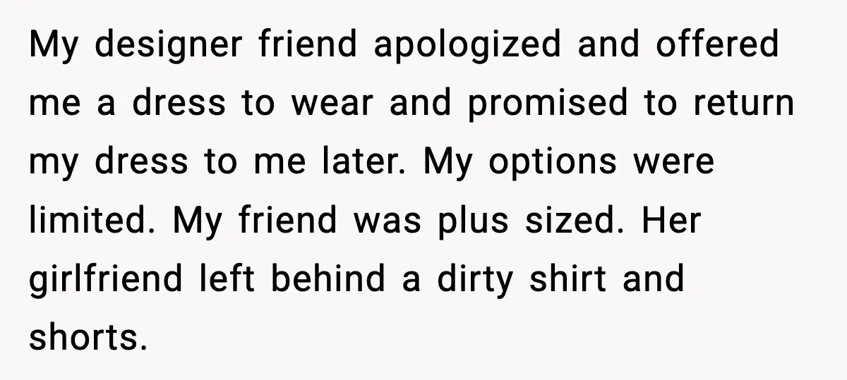 My designer friend apologized and offered me a dress to wear and promised to return my dress to me later. My options were limited. My friend was plus sized. Her...