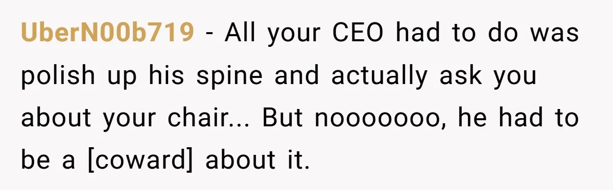 UberN00b719 - All your CEO had to do was polish up his spine and actually ask you about your chair... But nooooooo, he had to be a [coward] about it.
