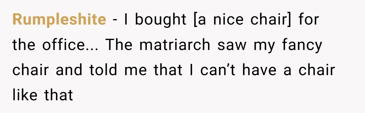 Rumpleshite - I bought [a nice chair] for the office... The matriarch saw my fancy chair and told me that I can’t have a chair like that