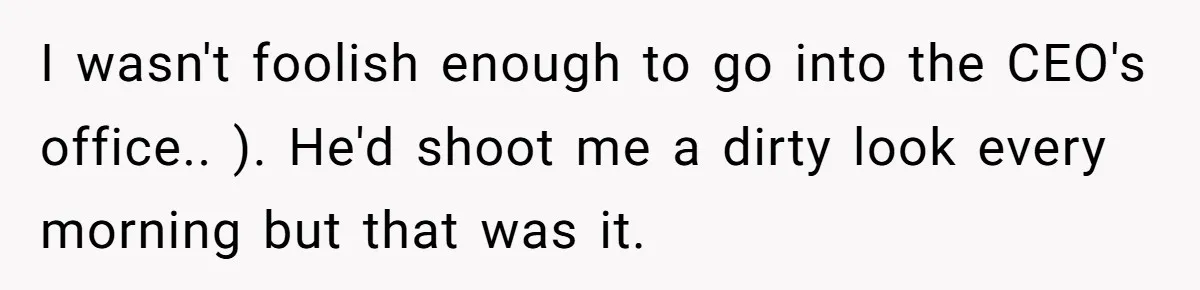 I wasn't foolish enough to go into the CEO's office.. ). He'd shoot me a dirty look every morning but that was it.