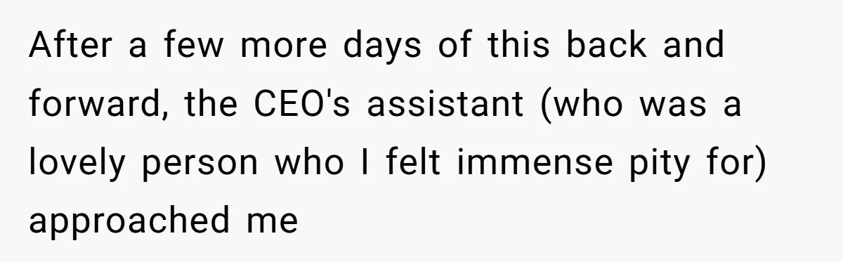 After a few more days of this back and forward, the CEO's assistant (who was a lovely person who I felt immense pity for) approached me