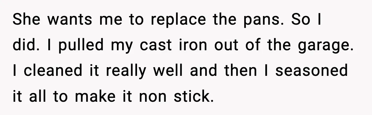She wants me to replace the pans. So I did. I pulled my cast iron out of the garage. I cleaned it really well and then I seasoned it all...