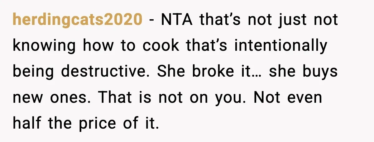 herdingcats2020 - NTA that’s not just not knowing how to cook that’s intentionally being destructive. She broke it… she buys new ones. That is not on you. Not even half...