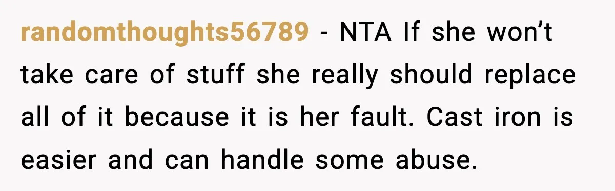 randomthoughts56789 - NTA If she won’t take care of stuff she really should replace all of it because it is her fault. Cast iron is easier and can handle some...
