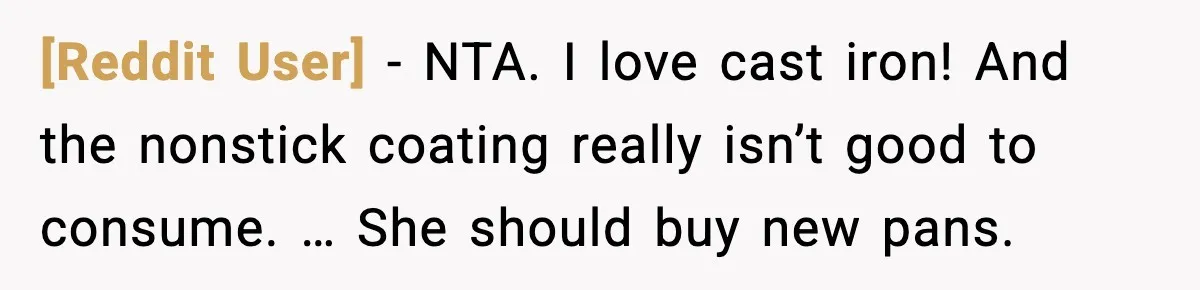 [Reddit User] - NTA. I love cast iron! And the nonstick coating really isn’t good to consume. … She should buy new pans.