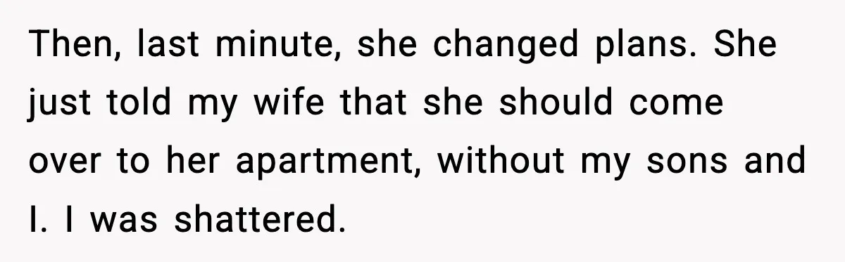 Then, last minute, she changed plans. She just told my wife that she should come over to her apartment, without my sons and I. I was shattered.
