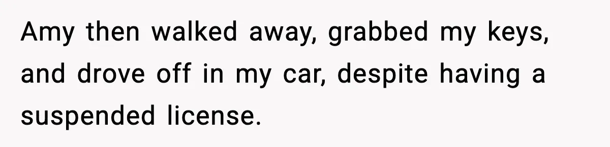 Amy then walked away, grabbed my keys, and drove off in my car, despite having a suspended license.