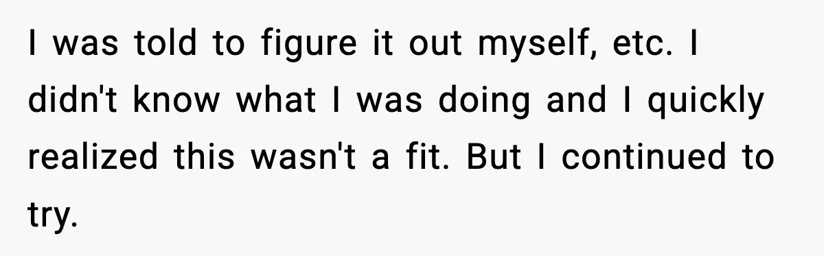 I was told to figure it out myself, etc. I didn't know what I was doing and I quickly realized this wasn't a fit. But I continued to try.