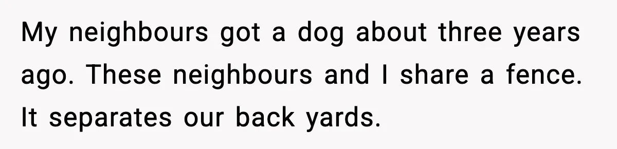My neighbours got a dog about three years ago. These neighbours and I share a fence. It separates our back yards.