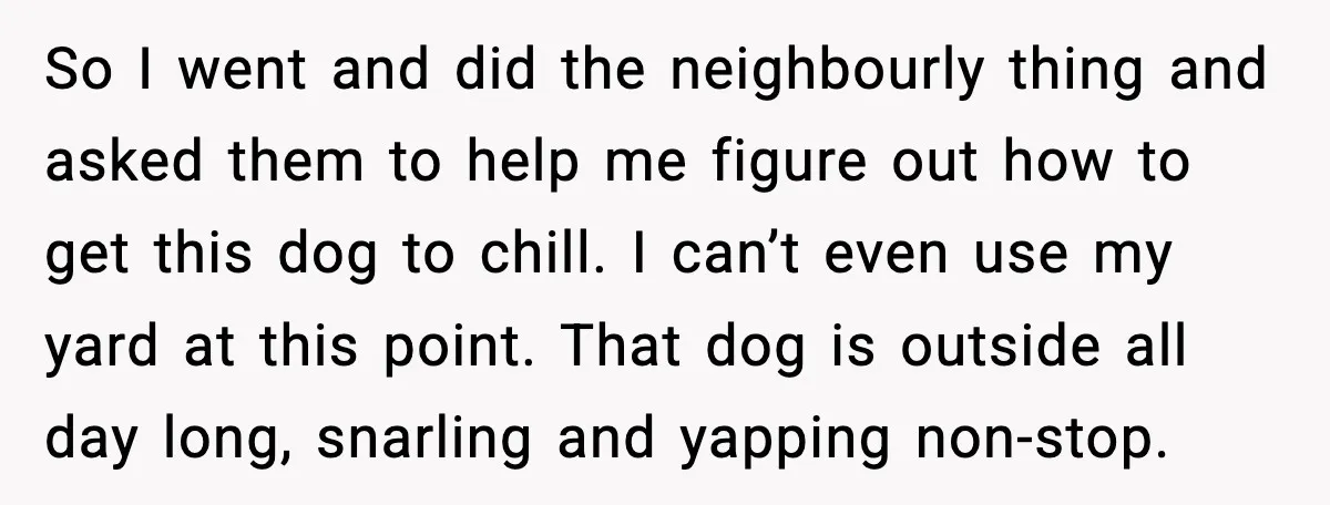 So I went and did the neighbourly thing and asked them to help me figure out how to get this dog to chill. I can’t even use my yard at...