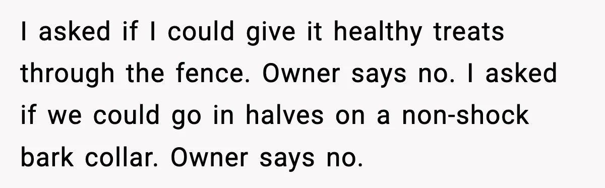 I asked if I could give it healthy treats through the fence. Owner says no. I asked if we could go in halves on a non-shock bark collar. Owner says...