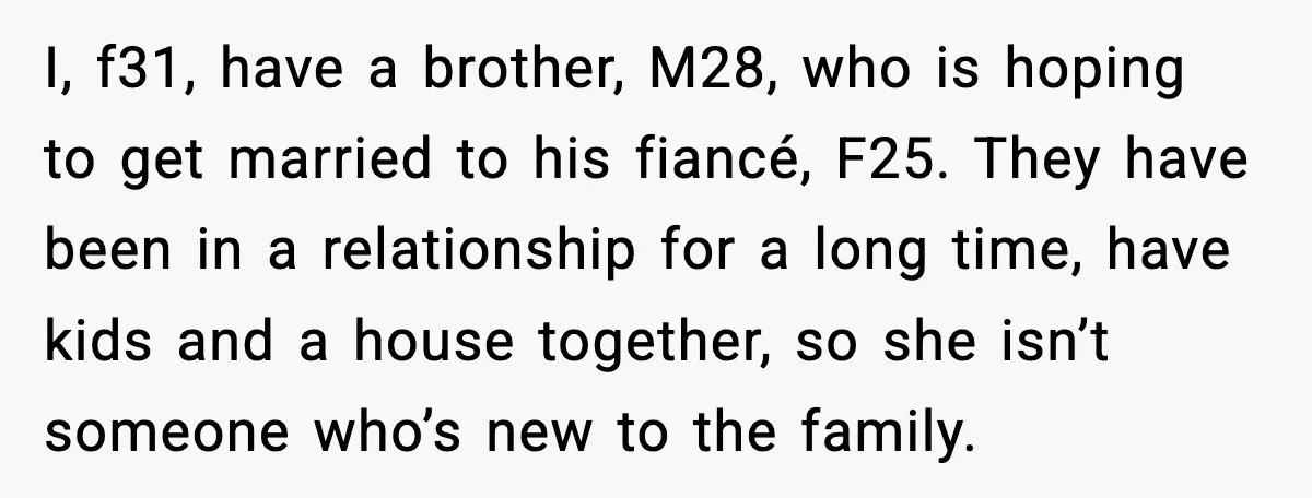 I, f31, have a brother, M28, who is hoping to get married to his fiancé, F25. They have been in a relationship for a long time, have kids and a...